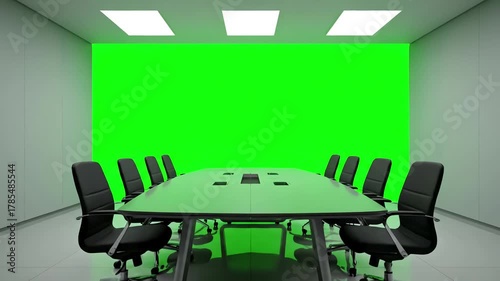 Business Presentation Setup with office conference room meeting beautiful businesswoman talks uses green screen chroma key wall tv digital entrepreneur presents e commerce product to group of multi