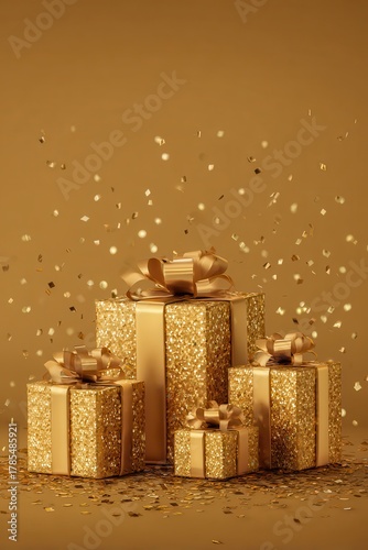 Gold Glitter Gift Boxes with Confetti on Golden Background