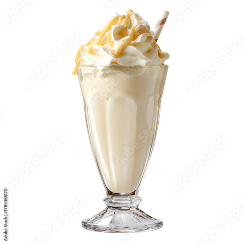 Delicious vanilla milkshake with whipped cream and caramel topping isolated on transparent background