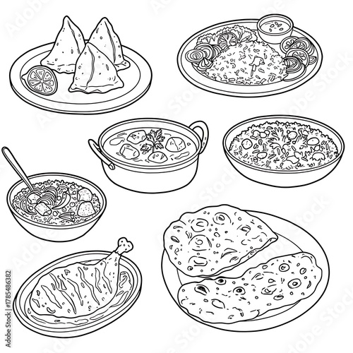 Fototapeta Naklejka Na Ścianę i Meble -  線描のインド料理：スパイス香る美食の宴