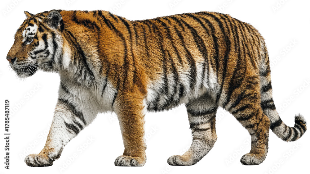 Fototapeta premium Side view of tiger with highly detailed fur and stripe pattern isolated on a Transparent background, PNG file.