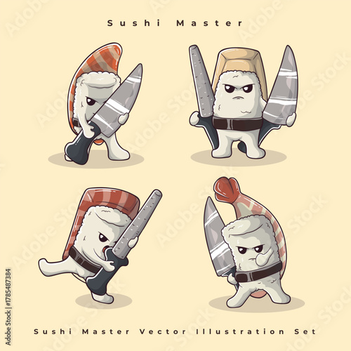 Cute sushi warrior illustration set