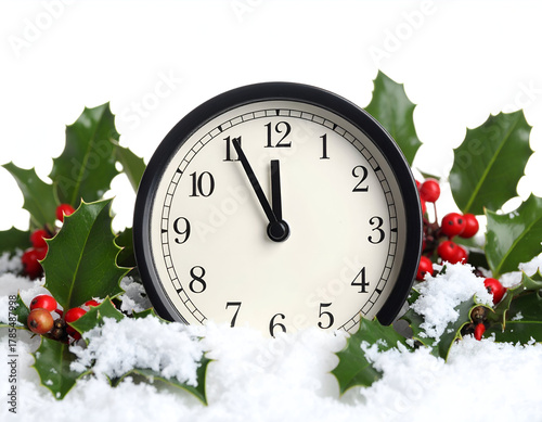 A classic analog clock face at midnight, nestled in pristine snow-covered holly leaves with vibrant red berries on a clean white background, symbolizing holiday countdown and New Year celebration