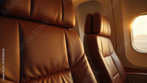 Relaxing journey awaits with elegant airplane seats bathed in warm sunlight, promising comfortable travel and stunning views from above the clouds