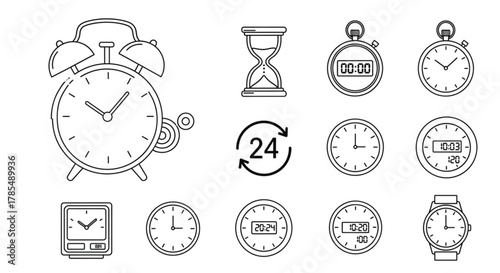 Collection of clock and time related icons in black and white.