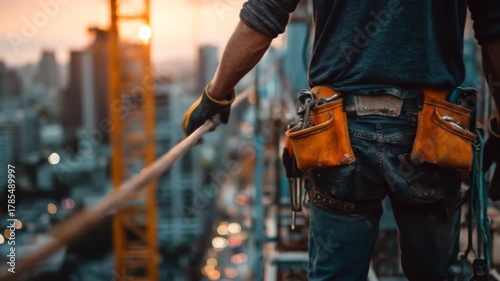 Worker on a high-rise, city skyline sunset, holding a rope