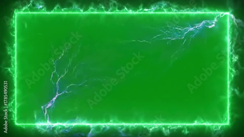 Green Screen seamless looping lightning neon energy frame background or border on scene 3 with distortion, overlay, glitch, static noise, scan lines black background, 4k animated video loop
