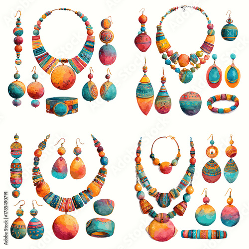 Vibrant watercolor tribal jewelry set with colorful necklaces, earrings, bracelets, and beads in warm orange, teal, and red tones. Perfect for boho, ethnic, and fashion themes.