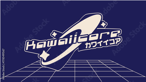 Y2K Style Kawaiicore with Japanese sublabel and Orbit Ring Sticker, Blue Backdrop with White Grid