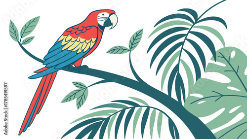 Illustration of a colorful macaw perched on a branch with tropical leaves in the background scene present on transparent background silhouette