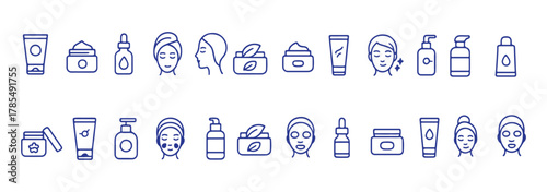 Skin care collections editable stroke outline web icons set. Skin care, cream, oil, treatment, cosmetic, beauty, facial, anti-aging, sun protection and more... Vector illustration