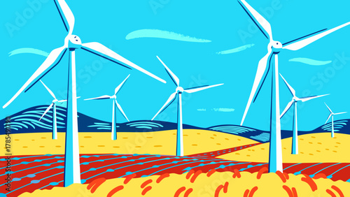 Wind turbines standing in a field under a blue sky with some clouds and rolling hills in the distance on transparent background silhouette