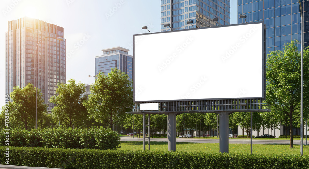 Fototapeta premium Blank Billboard Sign in Lush Green City Park With Modern Buildings and Sunlight