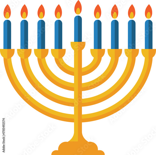 Colorful menorah with nine lit blue candles on white background hanukkah jewish
