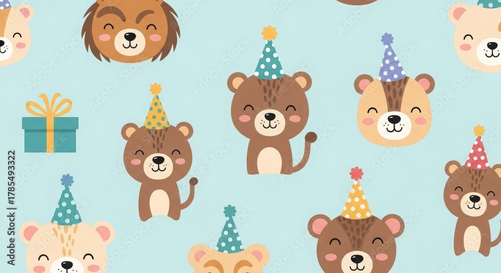 Obraz premium Pattern of smiling animals wearing party hats, playful children’s birthday design