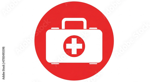 A white first aid kit with a red cross symbol is depicted on a vibrant red circular background.