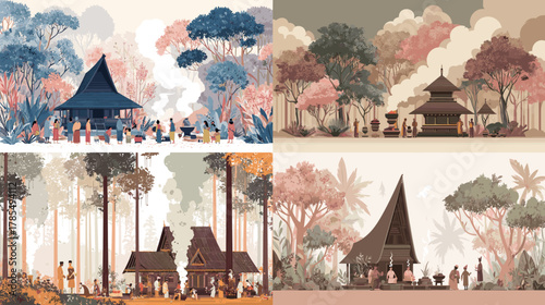 Stylized landscape illustrations of traditional villages, forest gatherings, and cultural ceremonies set among lush trees in warm and muted earthy palettes.