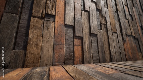 Rustic reclaimed wood wall and floor texture with a warm, natural, and weathered aesthetic, showcasing intricate grain patterns and a rich, earthy color palette