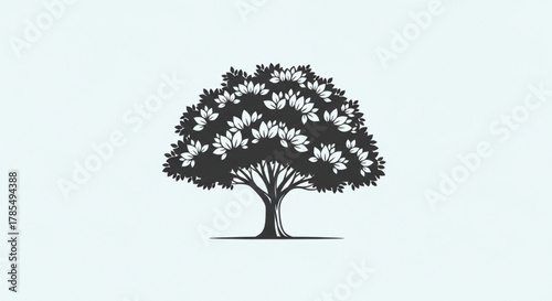 Illustration of a tree with dense foliage and a sturdy trunk on a light background.