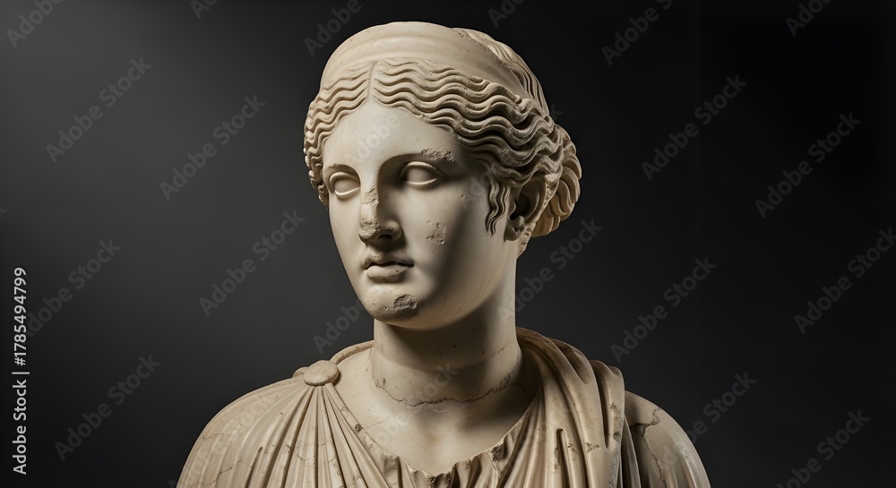 Obraz premium Serenity in Stone. A finely carved marble bust of a woman with flowing hair and tranquil expression—capturing the timeless grace and craftsmanship of Greco-Roman artistry.