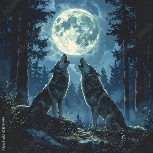 Fototapeta Naklejka Na Ścianę i Meble -  Two wolves howling at a massive full moon in a forest setting