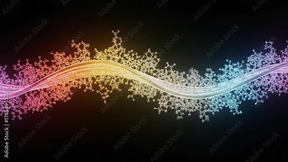 Abstract Rainbow Wave Molecular Structure Animation on Black Background Seamlessly Flowing Science and Technology Concept