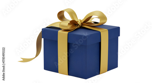 Luxurious Blue gift box with beautiful goldden ribbon on white background