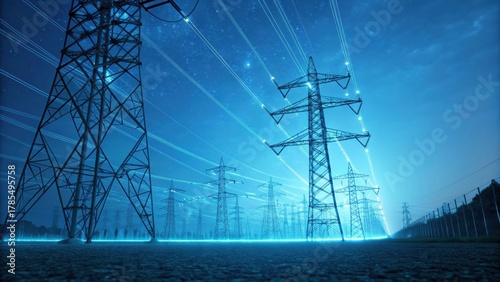 A futuristic landscape featuring illuminated power lines and pylons under a starry sky, emphasizing energy transmission and technology.