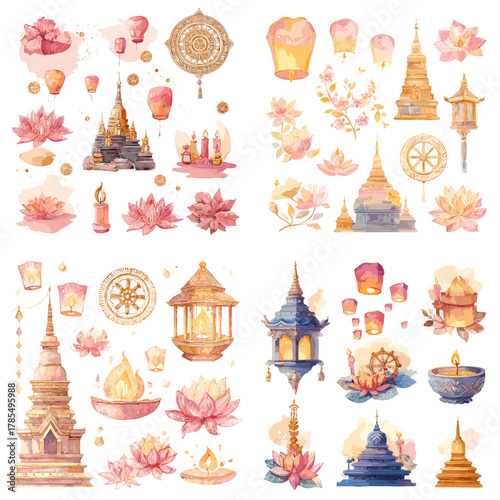 Watercolor set of Thai temples, lanterns, lotus flowers, candles, and cultural ornaments in warm pastel tones, perfect for Asian festivals and spiritual-themed designs.