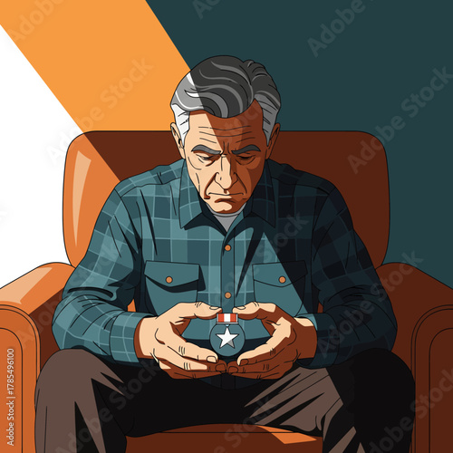 A contemplative elderly man in a blue flannel shirt sits in an armchair, carefully holding and examining a medal, perhaps reflecting on his past.