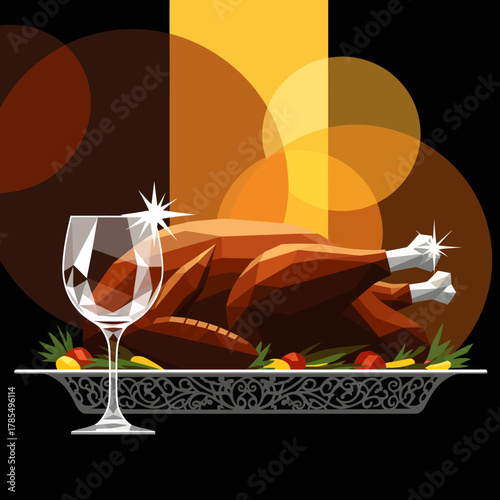 A stylized vector illustration presents a roasted turkey on an ornate silver platter with a wine glass, set against a black background with bokeh lights.
