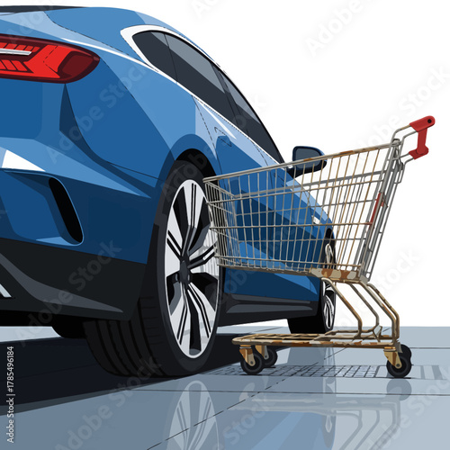 A captivating illustration showcases a sleek blue car parked beside a shopping cart, suggesting themes of consumerism, transportation, and modern lifestyle.