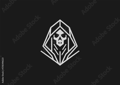 A minimalist grim reaper logo in line art style, featuring a hooded figure with a scythe, symbolizing mystery and mortality, designed as a modern creative vector concept