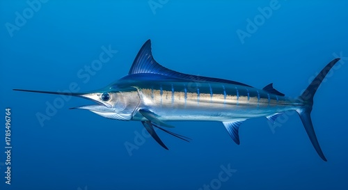 A sleek marlin glides through crystal-clear blue waters, its metallic body shimmering with silver and blue hues—showcasing the elegance and power of this iconic ocean predator.