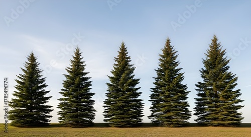 Five evenly spaced evergreen trees stand tall on a grassy field beneath a clear blue sky—capturing nature’s quiet rhythm and the serene beauty of balanced design.