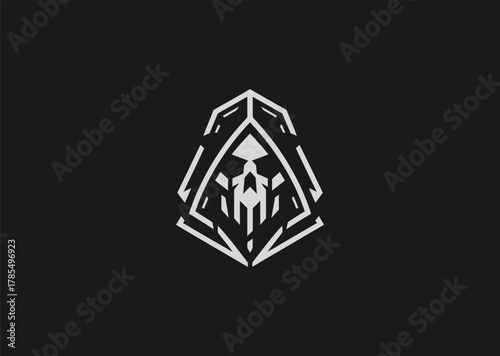 A minimalist grim reaper logo in line art style, featuring a hooded figure with a scythe, symbolizing mystery and mortality, designed as a modern creative vector concept