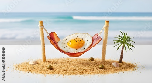 A playful beachside foodscape featuring a sunny-side-up egg lounging in a bacon hammock, suspended between breadstick poles on a breadcrumb island—complete with edible palm trees and herb bushes.