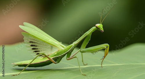 : A vivid close-up of a green praying mantis poised on a leaf, showcasing its defensive stance, intricate wings, and compound eyes against a softly blurred background.