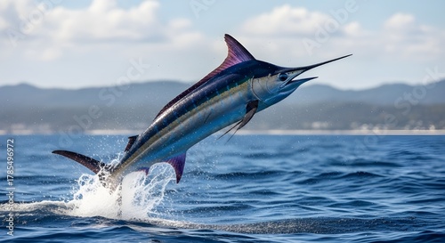 A marlin bursts from the ocean in a powerful arc, its long bill slicing forward as water splashes below, framed by distant mountains and a glowing sky that capture the drama of the sea.