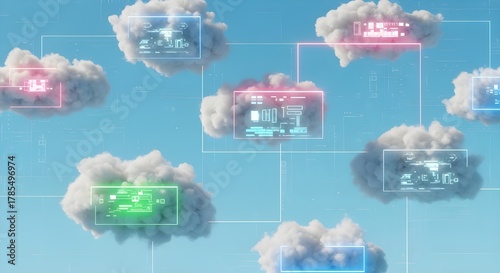 A digital visualization of cloud computing, showing interconnected clouds with colorful data panels and icons, symbolizing modern networking, integration, and technology infrastructure.