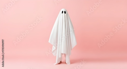 A playful Halloween ghost costume made from a white sheet with black eye cutouts, set against a bold pink background for a fun, iconic look.