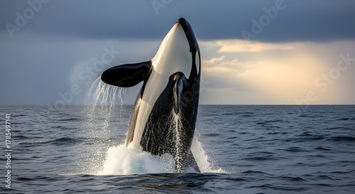 An orca leaps dramatically from the ocean, water cascading off its body under a glowing sky, showcasing the strength, agility, and beauty of marine wildlife.