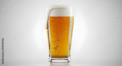 A clear glass of amber beer topped with a frothy white head, its bubbles rising against a soft gradient background, highlighting freshness and inviting appeal.