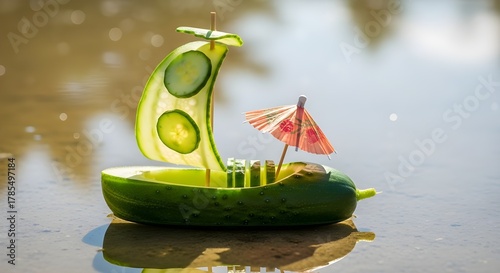 A whimsical cucumber boat with a sail and cocktail umbrella, creatively crafted from food items, floating on a reflective surface to evoke playful imagination and artistic design.