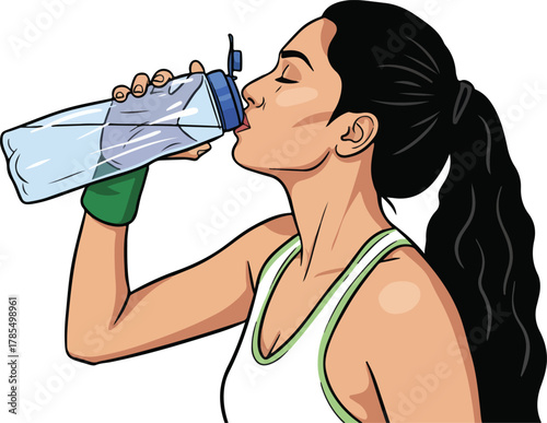 Indian woman drinks water in fitness center vector cartoon illustration
