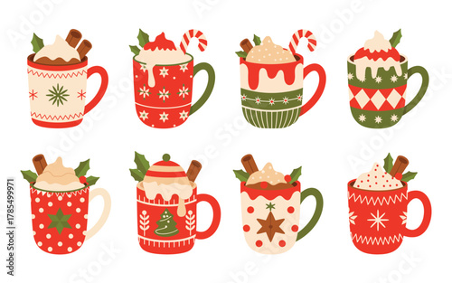 Cozy Christmas ceramic cups and porcelain mugs with festive red and white patterns filled with homemade hot chocolate, coffee, and tea on winter holiday background.
