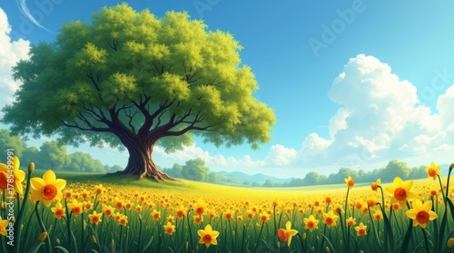 Fototapeta Naklejka Na Ścianę i Meble -  Vibrant summer meadow with large oak tree and blooming yellow flowers under a blue sky