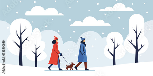 Two people walking a dog in a snowy winter landscape with trees and clouds in the background design