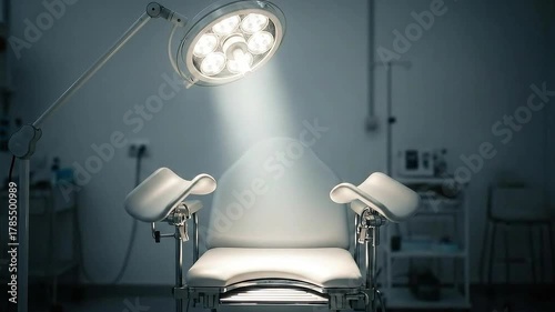 Gynecological Examination Chair with Bright Surgical Lamp in Dimly Lit Medical Room