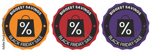 Vibrant Biggest Savings Black Friday Sale Badges, Discount and Shopping Event Labels